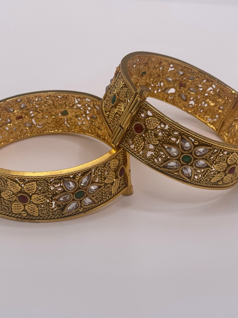 Gold Filigree Floral Hinged Bangle Bracelet with Green & Red Accents